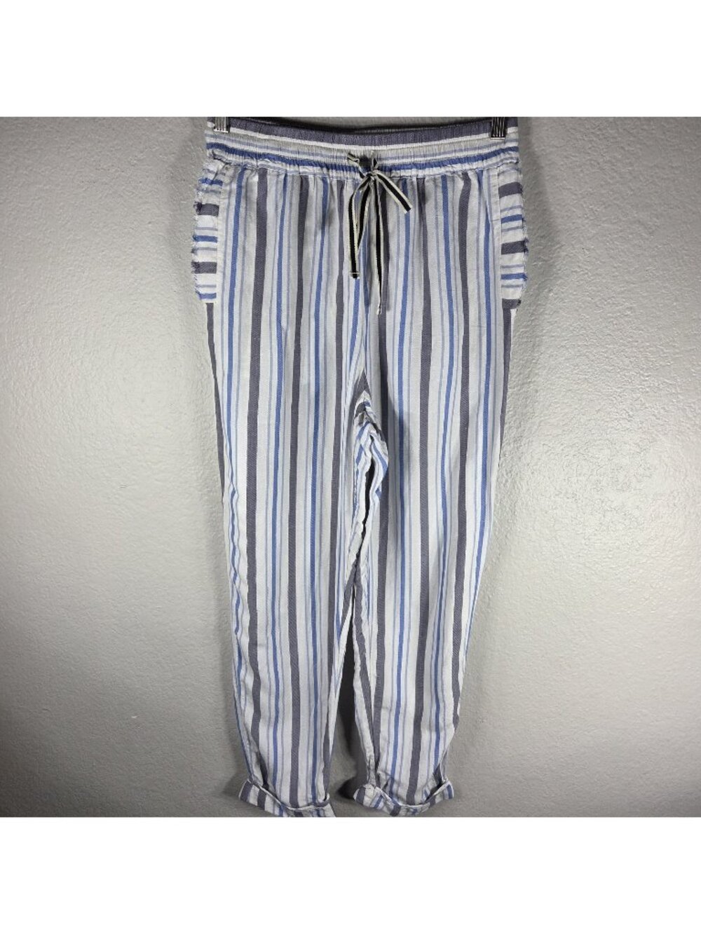 Pure + Good Anthropologie Linen Sz S Cuffed Striped Pants White Blue Drawstring